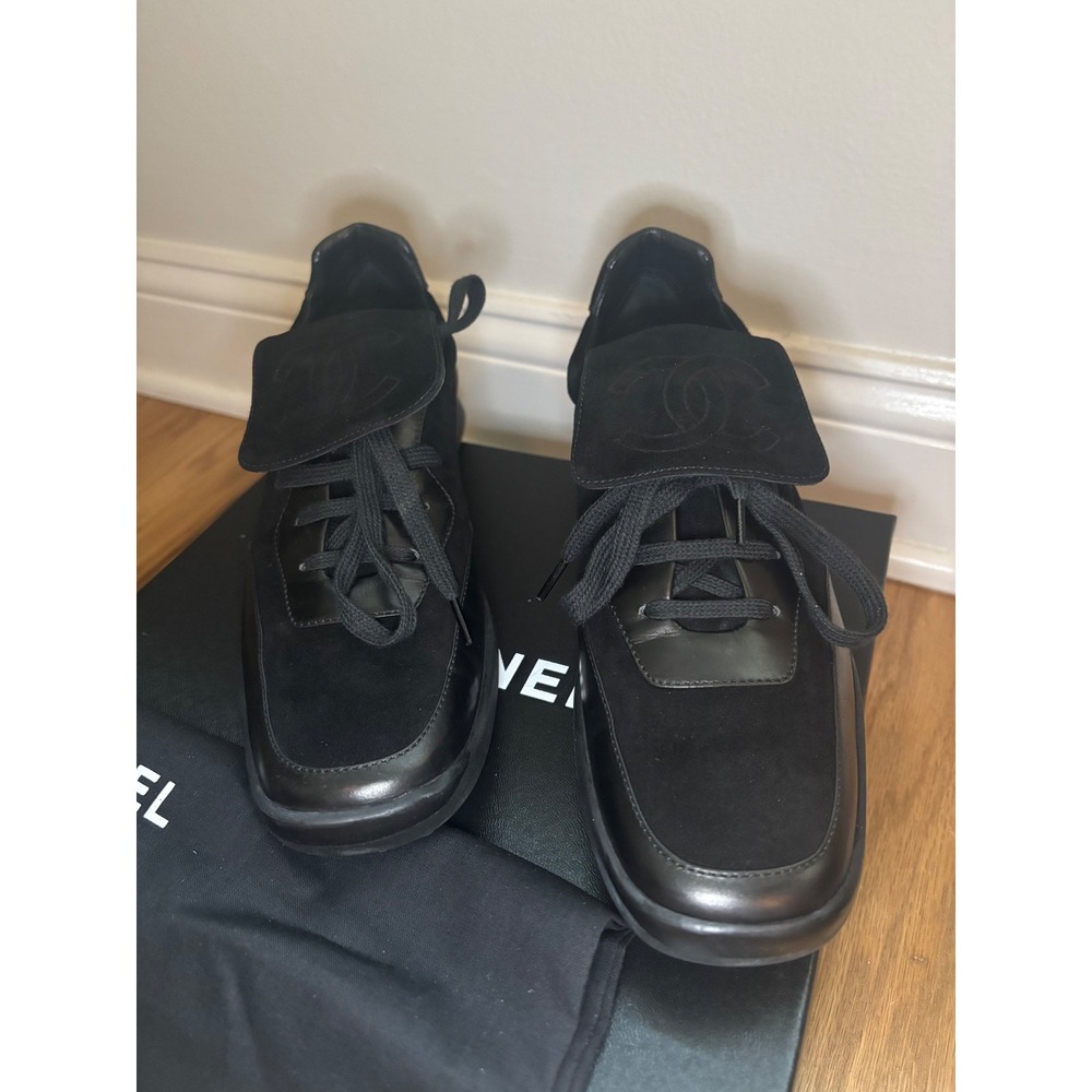 Chanel CC Logo Flap Suede Leather Sneakers Black Low Top Trainers size 38 - Picture 3 of 11